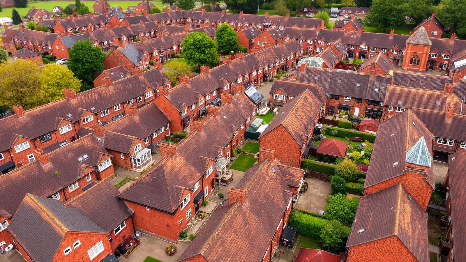 Aerial view of Bedworth's red-brick terraced homes with clay tile roofs and long narrow back gardens