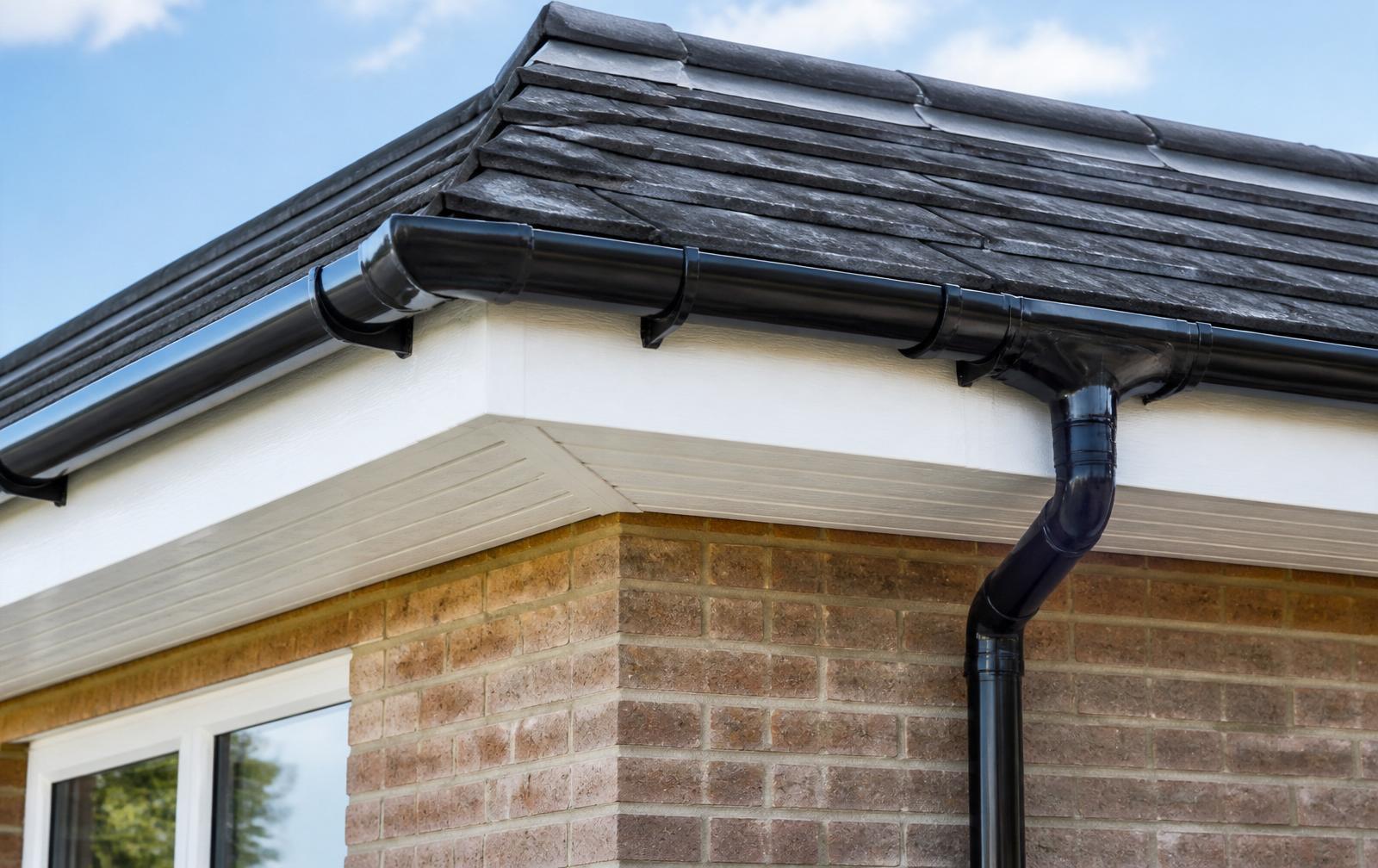 New white uPVC fascia and soffit with black seamless PVC guttering and downpipe on a British home