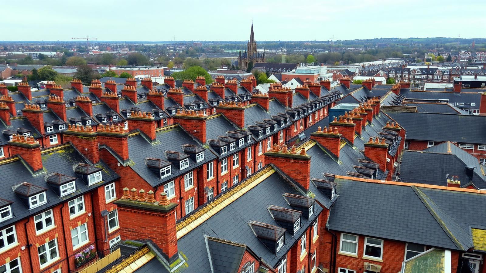 Aerial view of Leicester rooftops, red-brick Victorian terraces with dark slate roofs, chimney stacks and a cathedral spire beyond