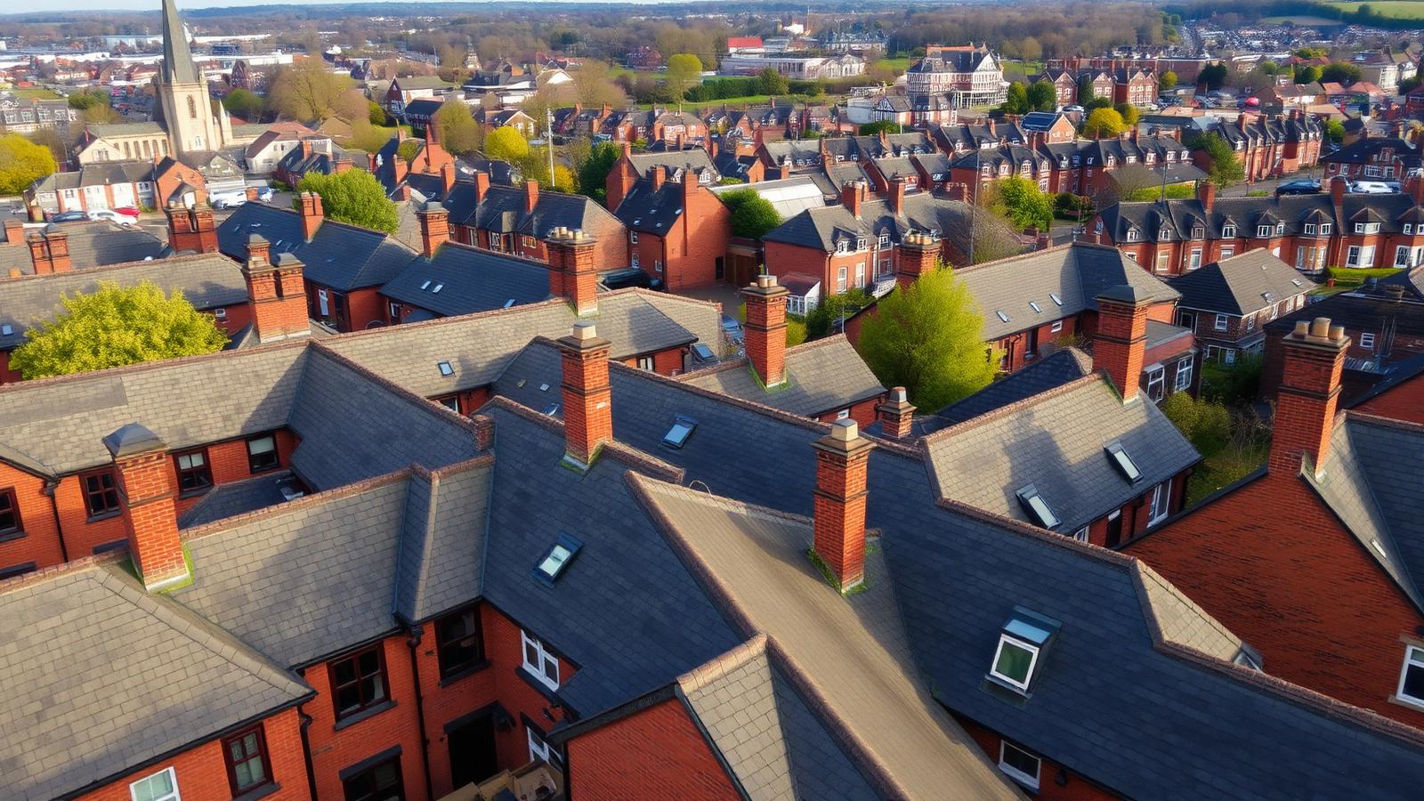 Aerial view of Northampton rooftops, Victorian red-brick terraces with slate roofs and chimney stacks with church spires beyond