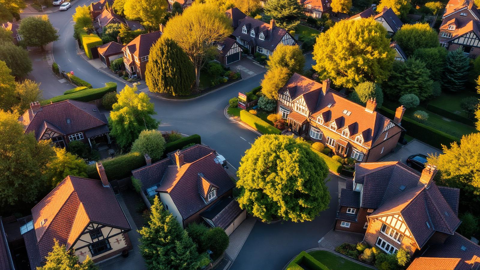 Aerial view of Sutton Coldfield's leafy streets, large detached and mock-Tudor houses with clay tile roofs and mature trees
