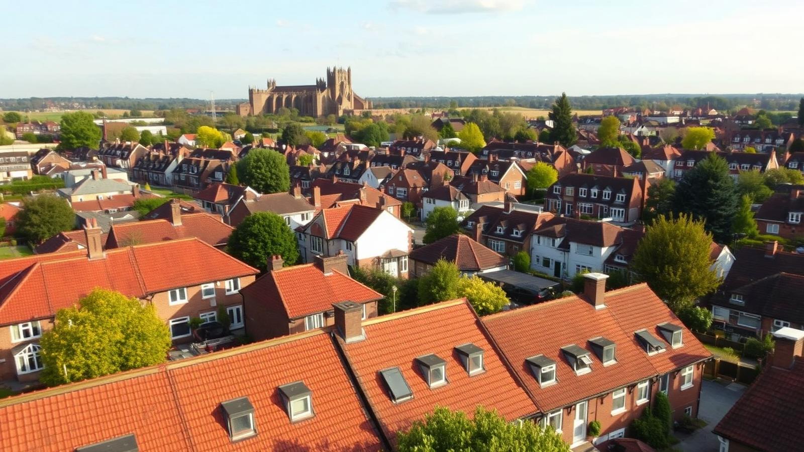 Aerial view of Tamworth rooftops, red clay tiled semi-detached homes and modern estate housing with Tamworth Castle in the distance