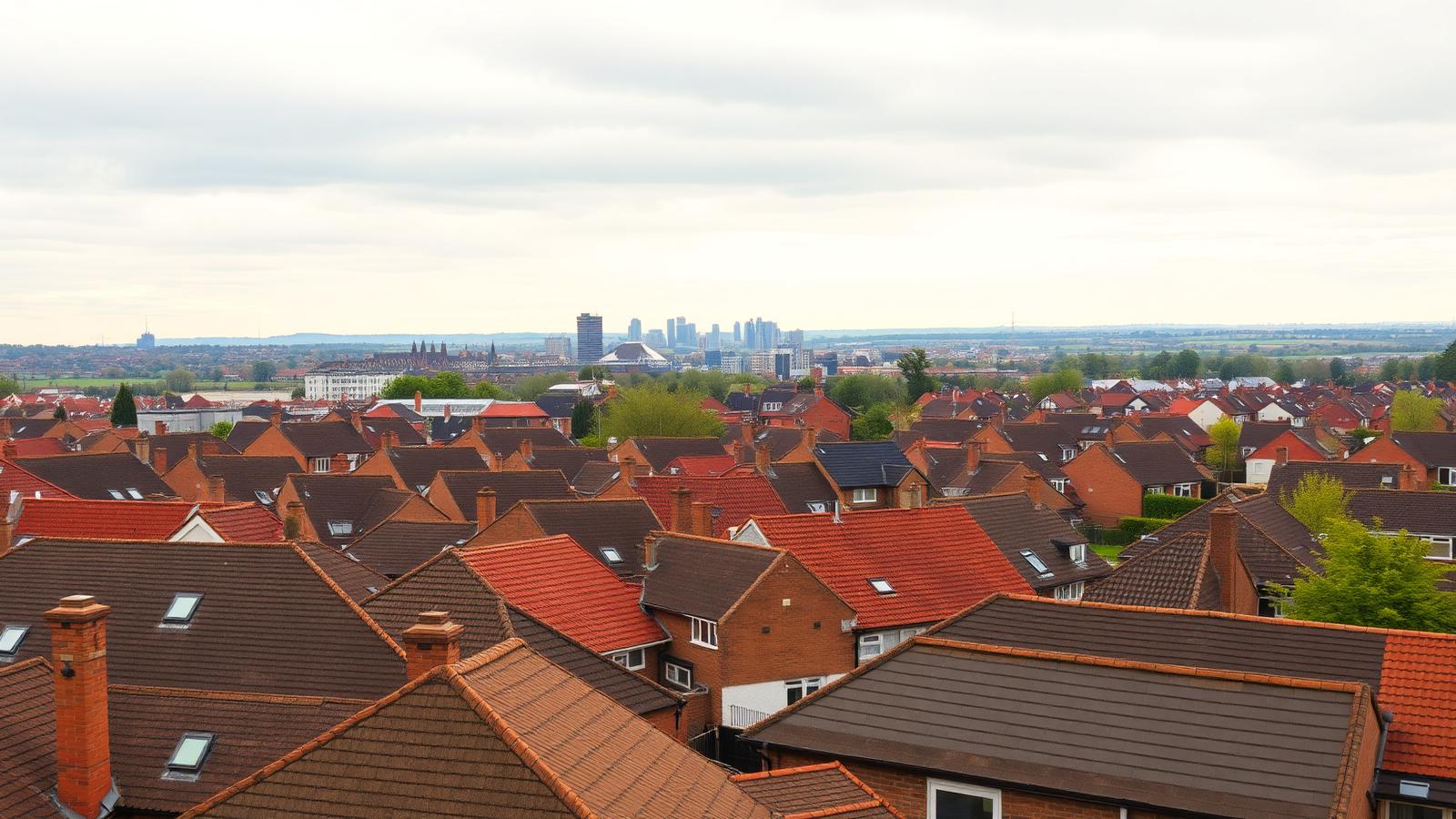 Wide panorama of West Midlands rooftops with pitched tile roofs in the foreground and a distant Birmingham skyline
